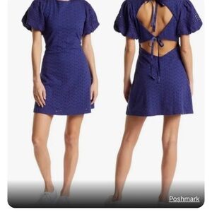 Free People puff sleeve eyelet dress indigo blue dress sz. Small